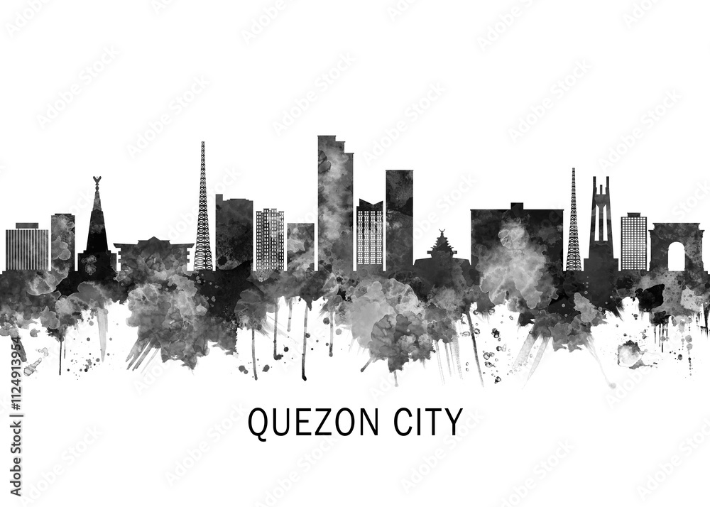 Obraz premium Quezon City Philippines Skyline BW, cityscape landscape watercolor painting print poster abstract splash illustration urban art modern downtown landmarks skyscrapers