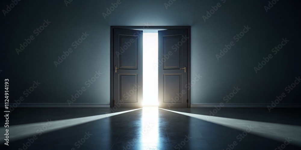 Captivating Minimalist Photography of Doors Opening in a Dark Room to Bright Light Symbolizing Hope and Choices in a Beautiful 3D Animation for Visual Impact in Ultra HD Quality Captivating Minimalist Photography of Doors Opening in a Dark Room to Bright Light Symbolizing Hope and Choices in a Beautiful 3D Animation for Visual Impact in Ultra HD Quality