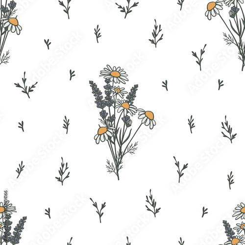 Seamless pattern with chamomile and lavender bouquet. Gentle floral elements on white background