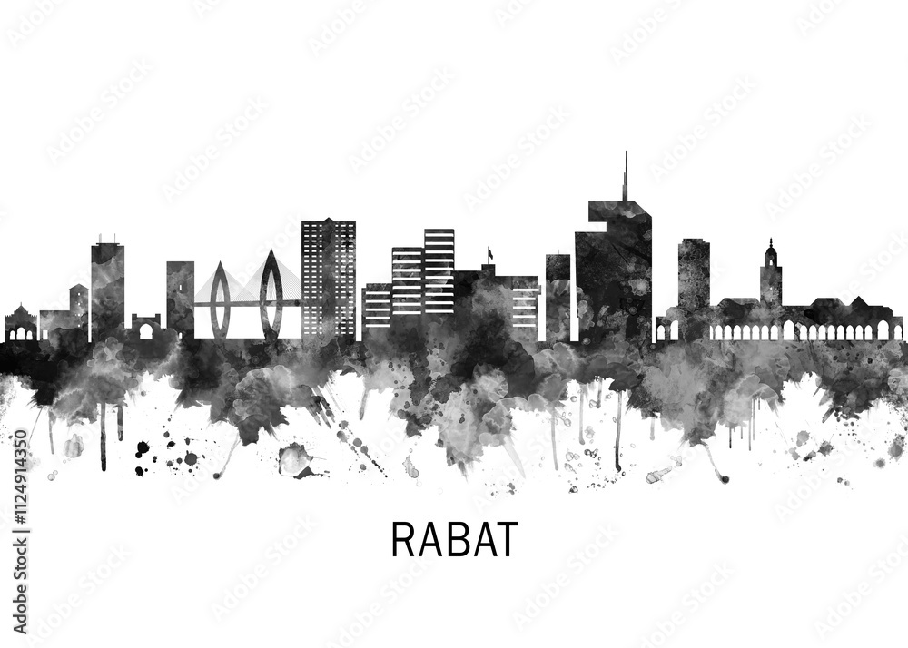Obraz premium Rabat Morocco Skyline BW, cityscape landscape watercolor painting print poster abstract splash illustration urban art modern downtown landmarks skyscrapers