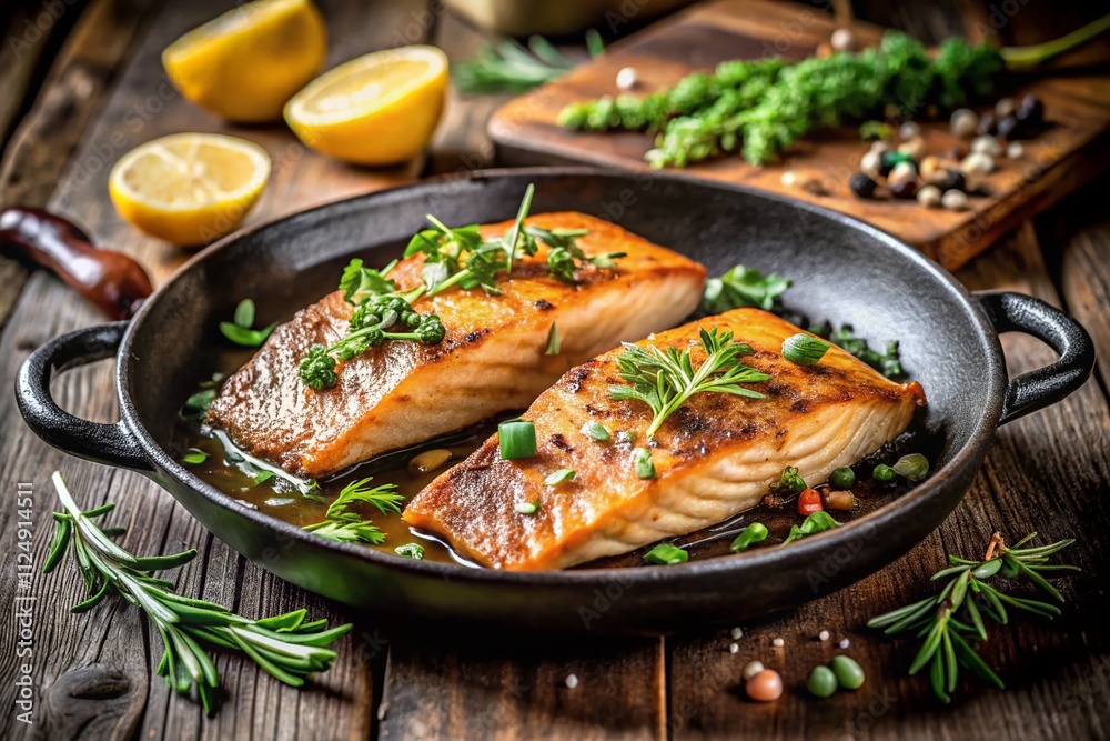 Captivating Minimalist Photography of Grilled Salmon Fillets in a Cast Iron Skillet with Fresh Herbs and Spices, Showcasing Culinary Simplicity and Flavorful Presentation