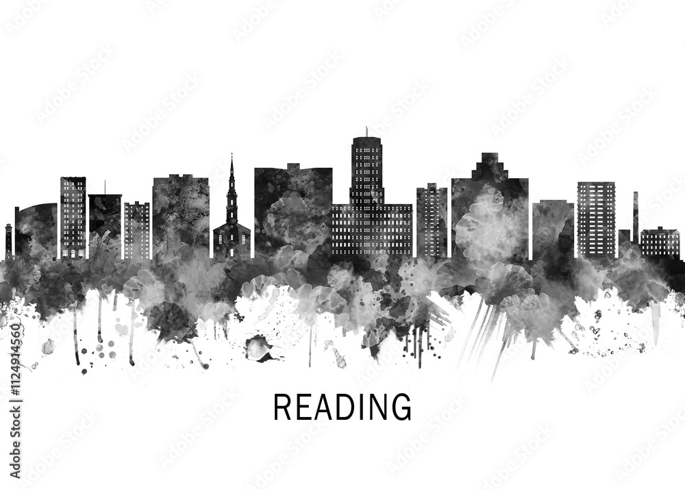 Obraz premium Reading Pennsylvania Skyline BW, cityscape landscape watercolor painting print poster abstract splash illustration urban art modern downtown landmarks skyscrapers