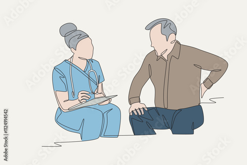 Colored nurses check patient's complaints . Visiting nurse concept one-line drawing