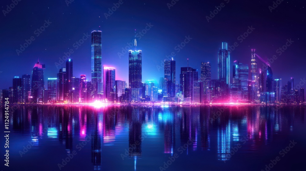 Neon-lit cityscape reflected in still water. Neon-lit cityscape reflected in still water.