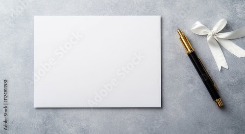 Photo of a pen and blank paper posisi in middle with ribbon in side on a drak grey background, top view for a greting card banner template. photo