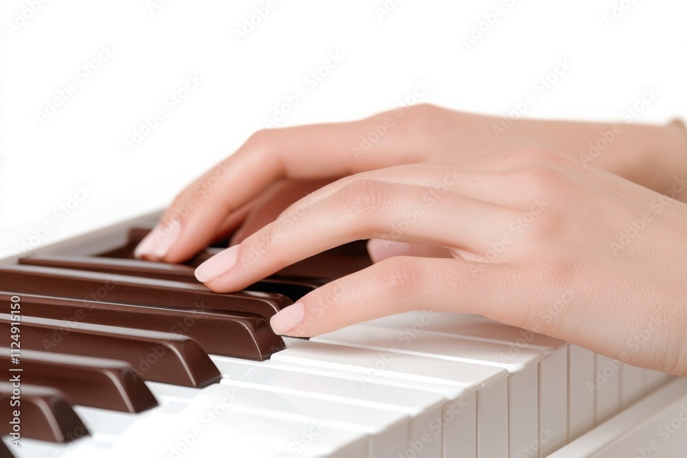 Obraz premium Close-up of female hands playing a melody on a piano keyboard, showcasing musical talent and passion
