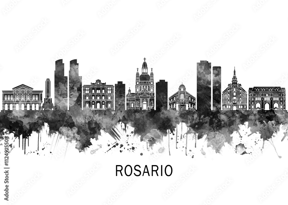 Obraz premium Rosario Argentina Skyline BW, cityscape landscape watercolor painting print poster abstract splash illustration urban art modern downtown landmarks skyscrapers