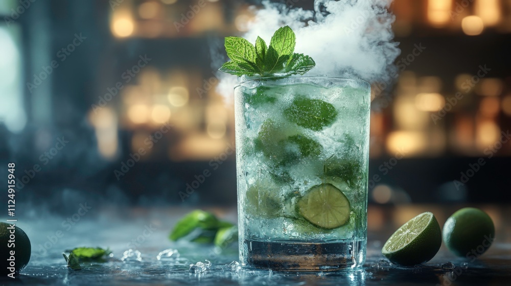 Liquid Nitrogen Mojito with Refreshing Rum, Mint, Lime, and Sugar Blend, Enhanced by a Dramatic Smoke Effect and Vibrant Fresh Garnishes Liquid Nitrogen Mojito with Refreshing Rum, Mint, Lime, and Sugar Blend, Enhanced by a Dramatic Smoke Effect and Vibrant Fresh Garnishes