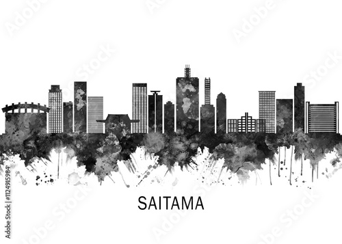 Foto Saitama Japan Skyline BW, cityscape landscape watercolor painting print poster a