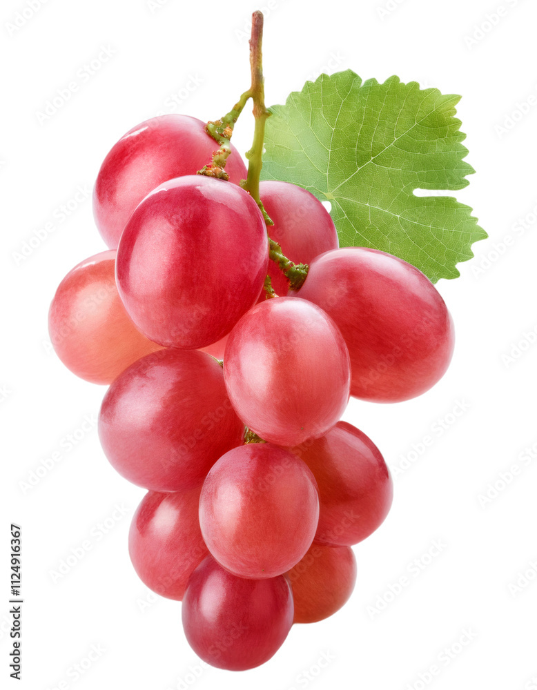 Fototapeta premium Juicy red grapes with a green leaf, isolated on transparent background, ideal for food and beverage designs