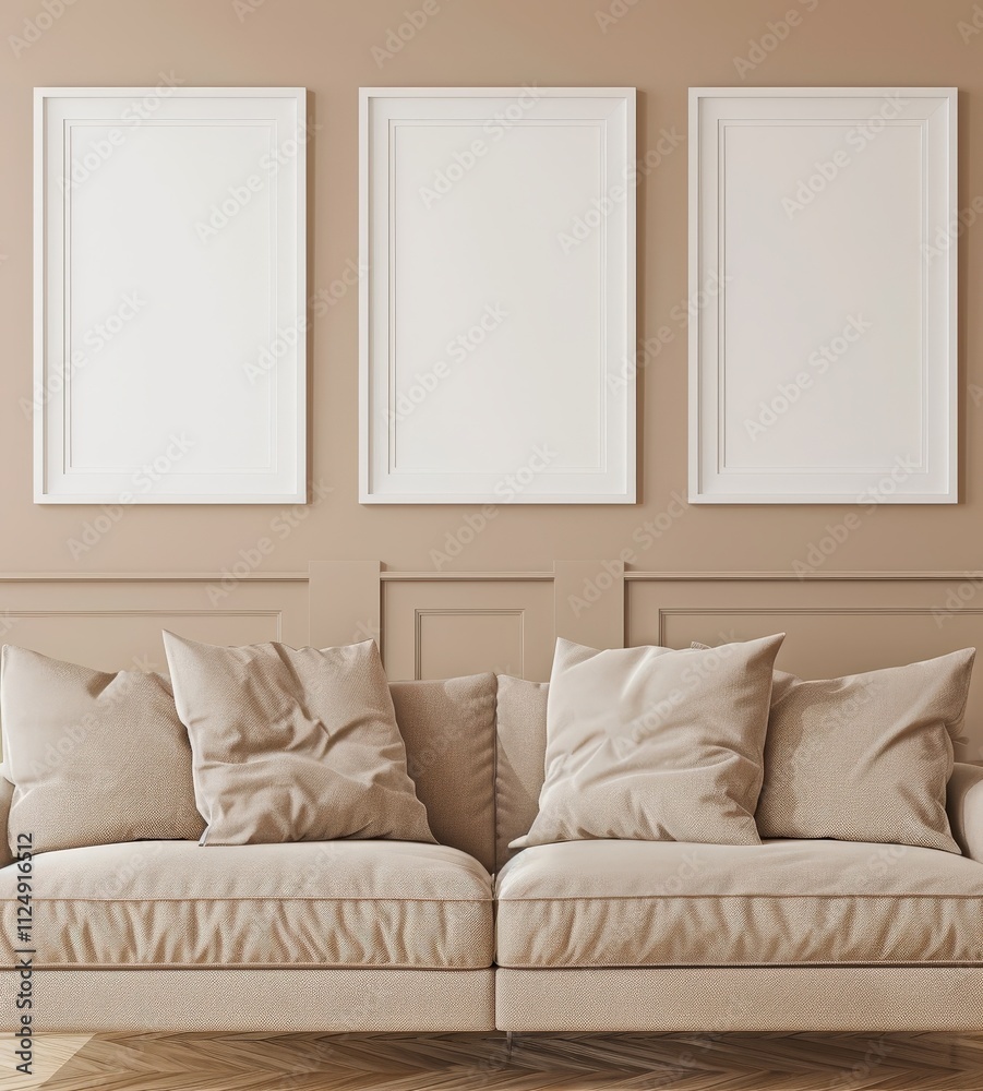 A beige sofa with three blank frames on the wall behind it A beige sofa with three blank frames on the wall behind it