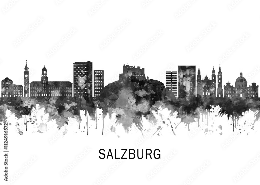Obraz premium Salzburg Austria Skyline BW, cityscape landscape watercolor painting print poster abstract splash illustration urban art modern downtown landmarks skyscrapers