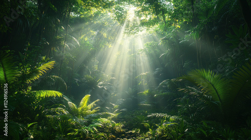 Nature background featuring a lush rainforest with sunlight breaking through the canopy