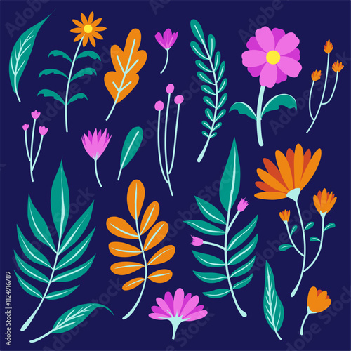 Flat floral illustration hand drawn, cute flower and leaf shape in harmonic color, suitable for poster, flyer, clothing pattern and other design needs