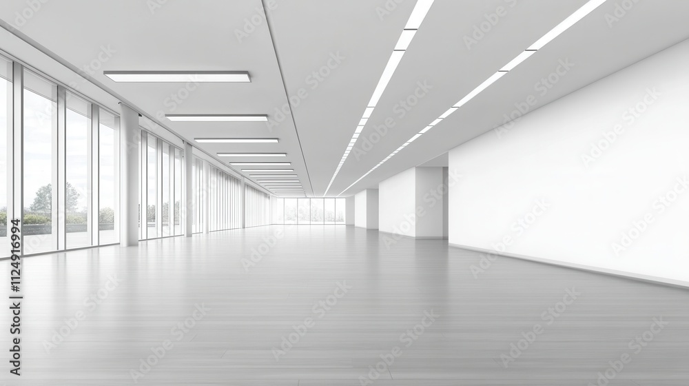 Spacious modern empty room with large windows and sleek wooden floor Spacious modern empty room with large windows and sleek wooden floor