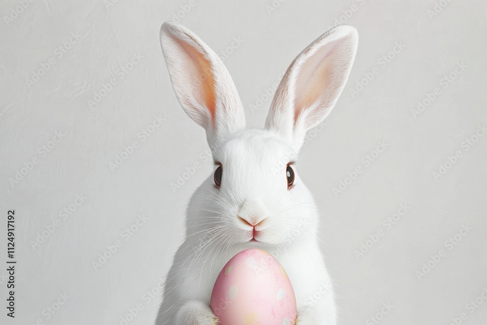 Obraz premium Cute easter bunny holding a decorated pink egg, perfect for easter themed projects