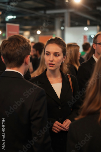 A businesswoman chatting with colleagues at a networking event . photo