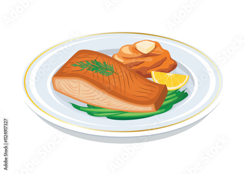 Seared salmon and mashed sweet potatoes vector illustration. Grilled salmon steak meat with vegetable garnish icon vector isolated on a white background. Fish steak on a plate drawing