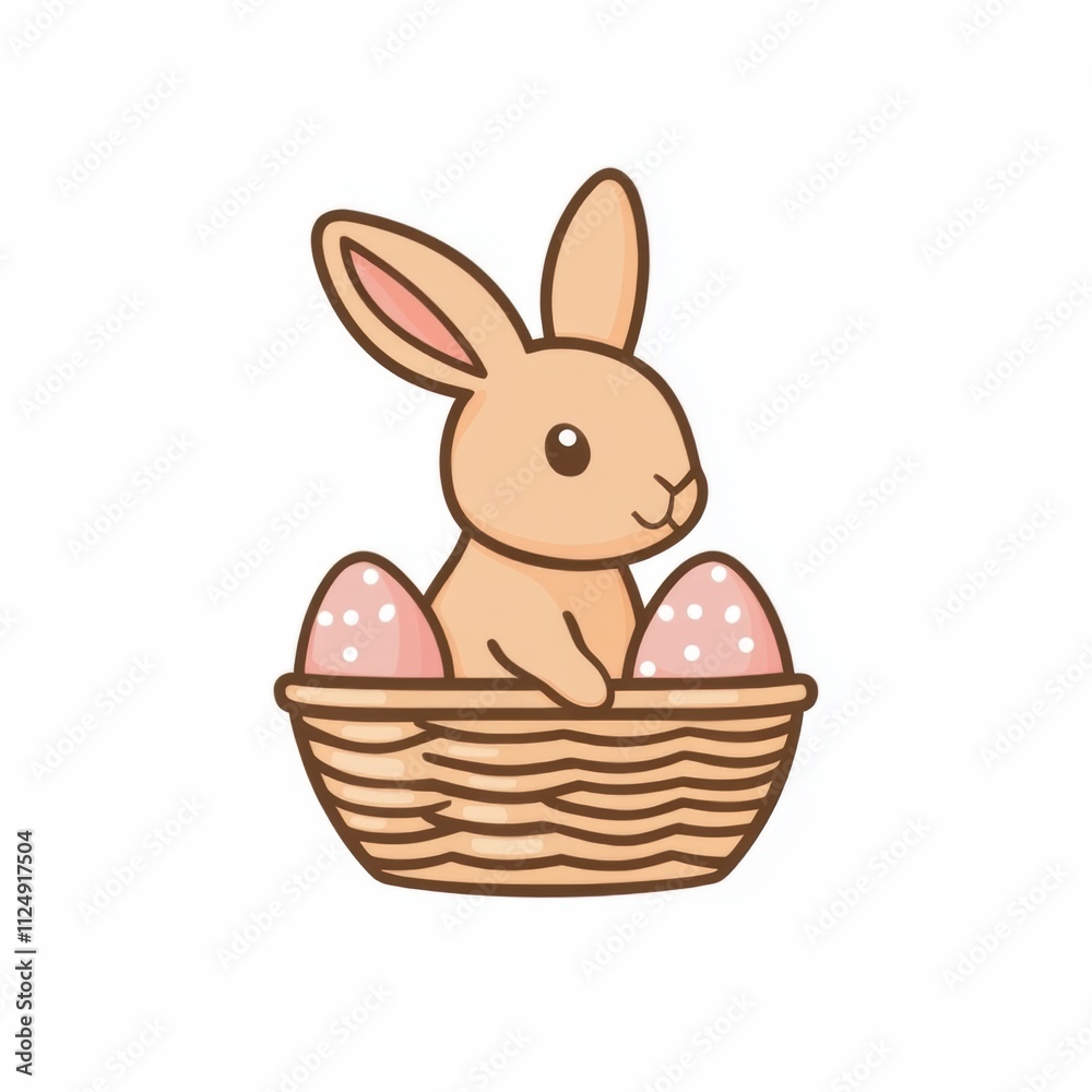 Ein süßer Hase sitzt in einem Korb mit dekorierten Eiern. Ein süßer Hase sitzt in einem Korb mit dekorierten Eiern.