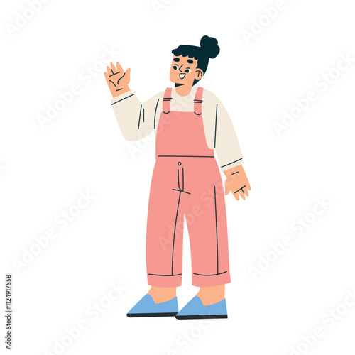 Girl Schoolkid Character Standing and Waving Hand Greeting Vector Illustration