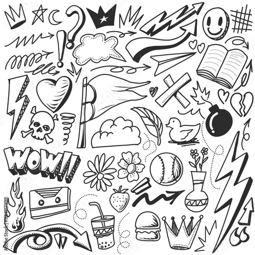 Hand drawn doodle,simple line art containing random popular object like book, ball, vas etc suitable for poster, flyer, clothing patter, and many more