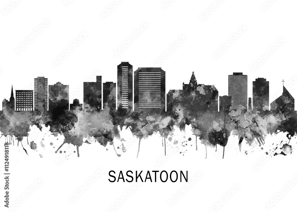 Obraz premium Saskatoon Canada Skyline BW, cityscape landscape watercolor painting print poster abstract splash illustration urban art modern downtown landmarks skyscrapers