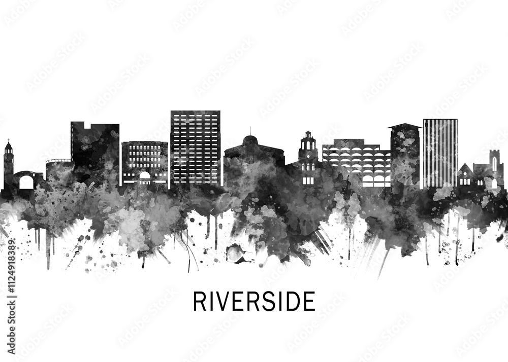 Obraz premium Riverside California Skyline BW, cityscape landscape watercolor painting print poster abstract splash illustration urban art modern downtown landmarks skyscrapers