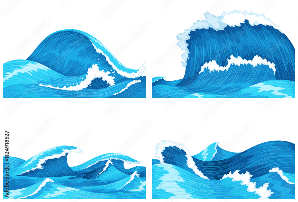 Ocean waves. Four scenes of blue sea or ocean waves with spray, foam on crest. Splash water, marine sea storm element, vector illustration