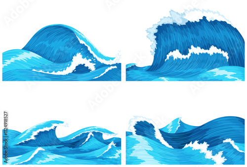 Obraz na płótnie Ocean waves. Four scenes of blue sea or ocean waves with spray, foam on crest. Splash water, marine sea storm element, vector illustration w salonie