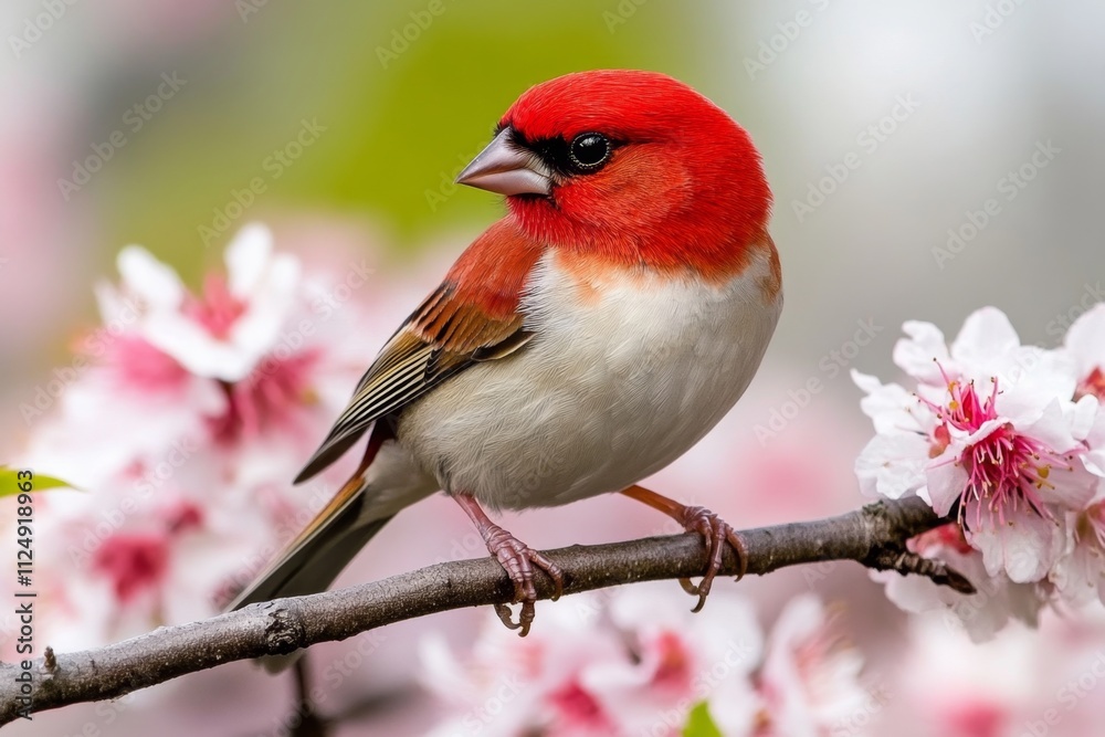 A serene photo of a dwarf bird, such as a finch, perched delicately on a thin branch surrounded by soft-focus blossoms A serene photo of a dwarf bird, such as a finch, perched delicately on a thin branch surrounded by soft-focus blossoms