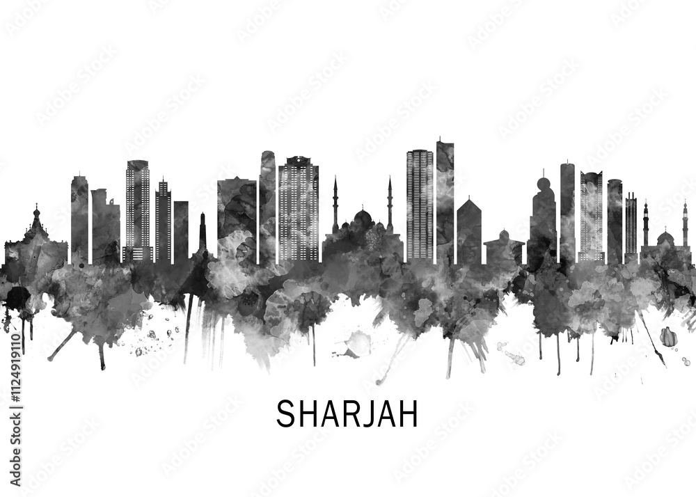 Obraz premium Sharjah Skyline BW, cityscape landscape watercolor painting print poster abstract splash illustration urban art modern downtown landmarks skyscrapers
