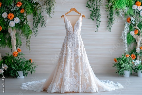 A serene photo of a long, elegant gown displayed on a hanger in a luxurious bridal suite, surrounded by soft pastel decor