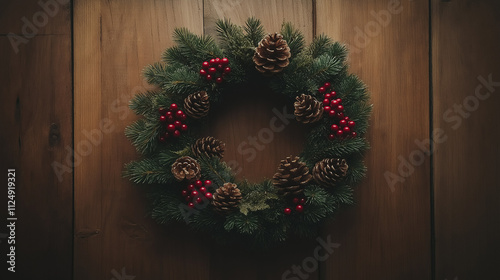 Winter wreath with pinecones and red berries on a door background