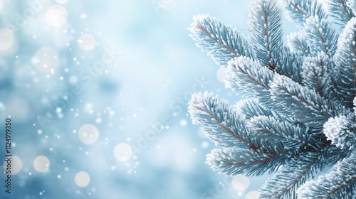 Close-up of a snow-covered evergreen branch with a blurred background