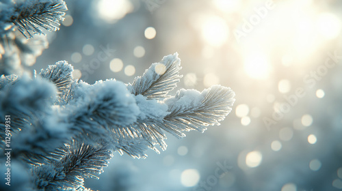 Close-up of a snow-covered evergreen branch with a blurred background