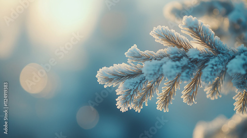 Close-up of a snow-covered evergreen branch with a blurred background