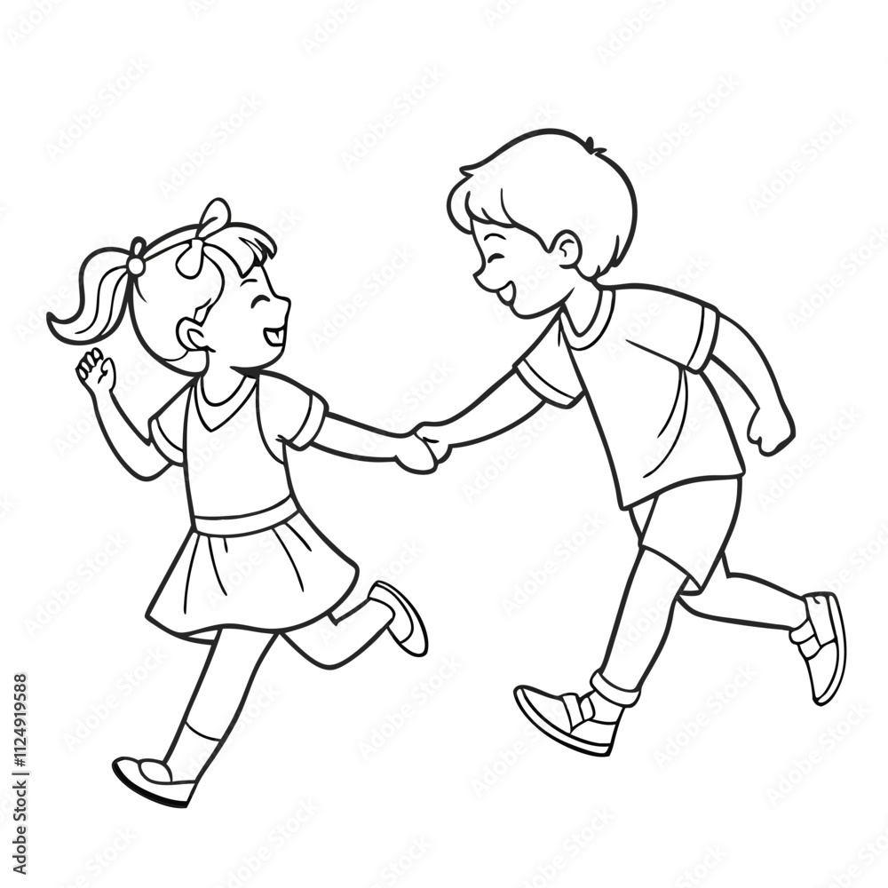 a black and white line drawing of a boy and a girl holding hands and running together a black and white line drawing of a boy and a girl holding hands and running together