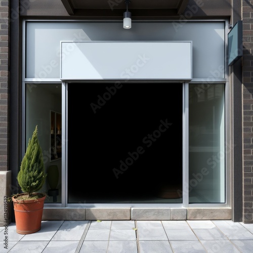 Realistic outdoor storefront mockup with a blank sign space above the windows ideal for urban branding banner mockup advertising blank business display template photo