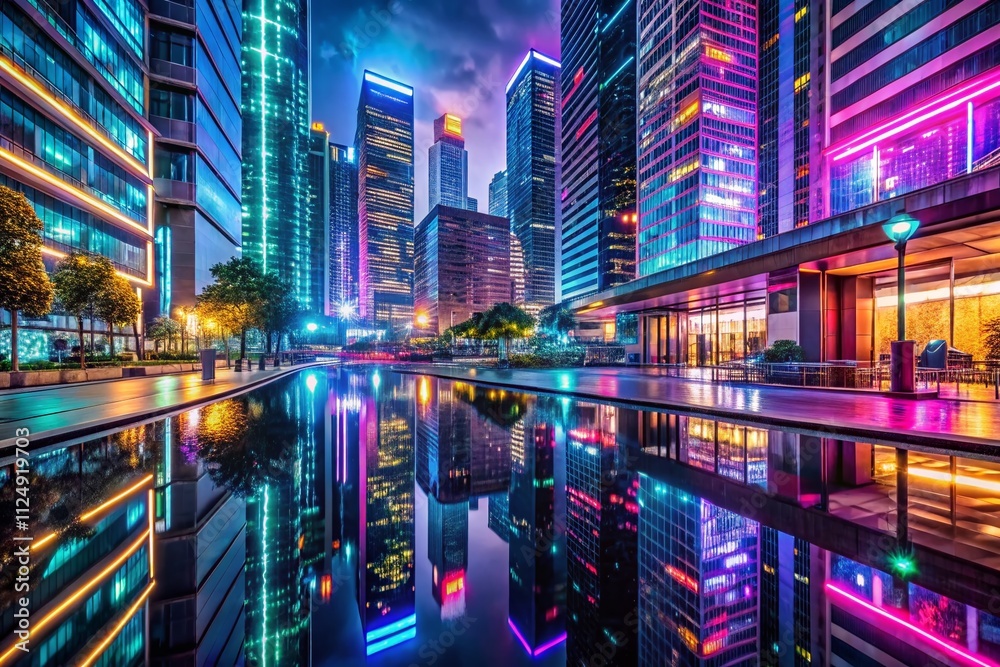 Captivating Night Photography of Digital Neon Graphics Illuminating Urban Landscapes with Vibrant Colors and Creative Light Displays for a Futuristic Aesthetic