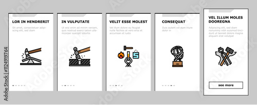 blacksmith forge anvil hammer onboarding mobile vector smith metal, smithy craftsman, fire steel, work farrier, black forging, sword strike blacksmith forge anvil hammer illustrations