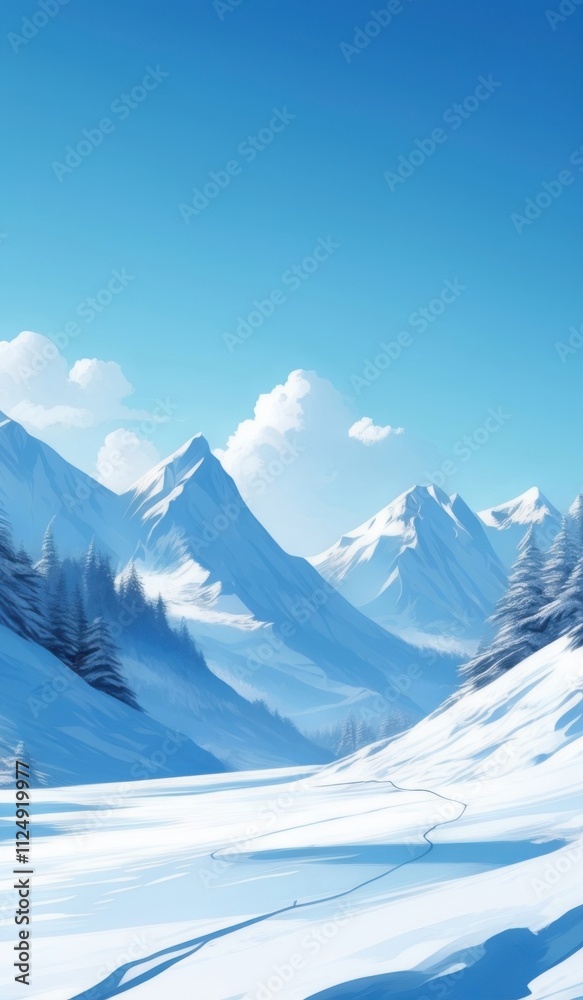 Fototapeta premium skiers are skiing down a snowy mountain slope with a blue sky