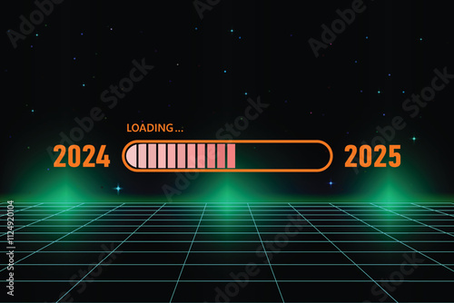 Orange loading bar from 2024 to 2025 on Retro Futurism Sci-Fi Background. glowing green neon grid. and stars from vintage arcade computer background. New Year concept