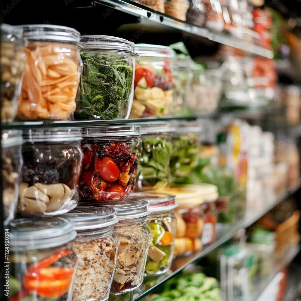 Glass jars filled with fresh vegetables and herbs on pantry shelves. Glass jars filled with fresh vegetables and herbs on pantry shelves.
