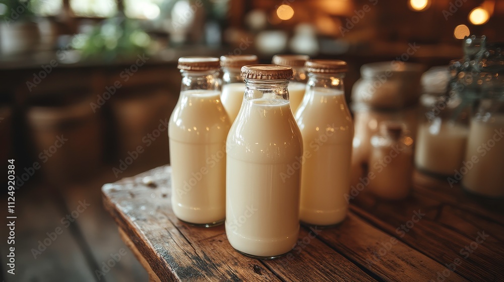 A collection of glass bottles filled with milk on a rustic wooden table. A collection of glass bottles filled with milk on a rustic wooden table.