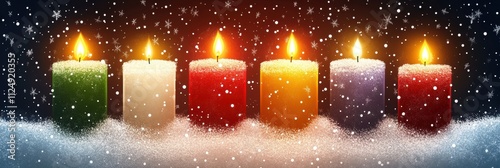 Lit Colorful Candles Arrangement on Winter Mantel, Celebratory Scene photo