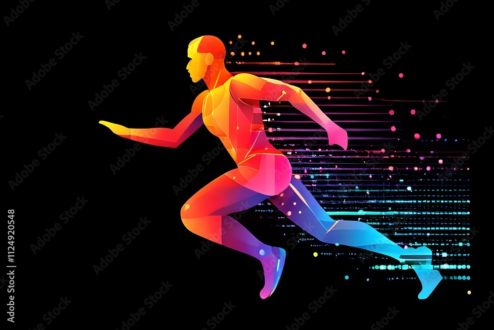 Fototapeta premium illustration of a wave of data points shaping into a runner's silhouette, conveying speed and precision guided by AI