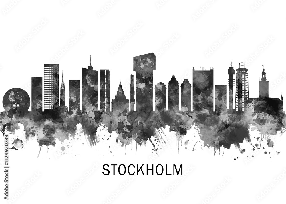 Stockholm Sweden Skyline BW, cityscape landscape watercolor painting print poster abstract splash illustration urban art modern downtown landmarks skyscrapers