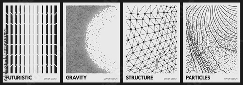 Black and white image of rectangular flat shapes with transition effect. Dynamic gradient pattern. Array with dynamic particles. Lattice structure. Scientific background. 3D grid surface. Vector.