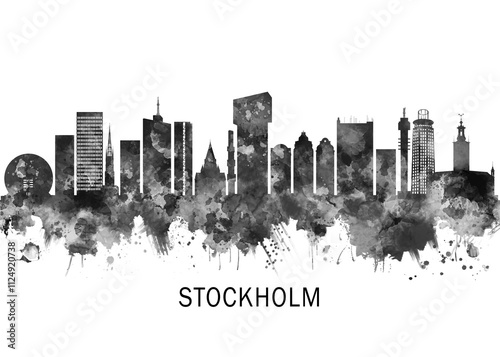 Obraz na płótnie Stockholm Sweden Skyline BW, cityscape landscape watercolor painting print poster abstract splash illustration urban art modern downtown landmarks skyscrapers w salonie