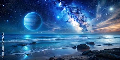 Captivating Night Photography of Neptune's Ethereal Blue Atmosphere Illuminated by Stars and Cosmic Wonders Above a Dreamlike Ocean Landscape